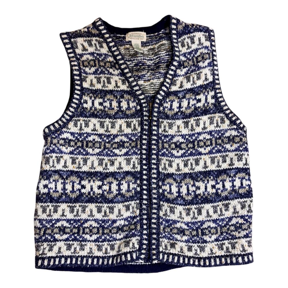 Vintage St. John's Bay Fair Isle Sweater Vest Full Zip Blue/Cream/Gray Size L